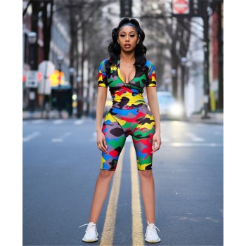 Streetwear Summer Short Rompers Womens Jumpsuit Camouflage Print Bodycon Romper Casual Playsuit Zipper Plus Size Female Red Blue 